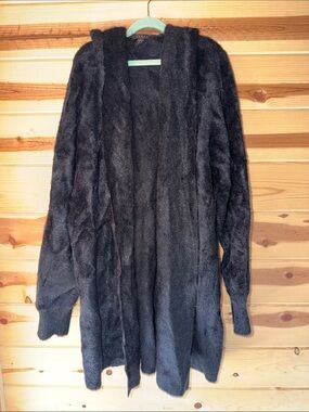 Cyrus Plush Hooded Open-Front Cardigan - Black